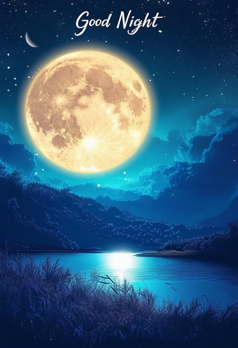Create a HD book cover image titled 'Good Night' with a beautiful moon art background.