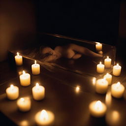 Create an image of a real woman, full body, sleeping peacefully enclosed in a glass coffin