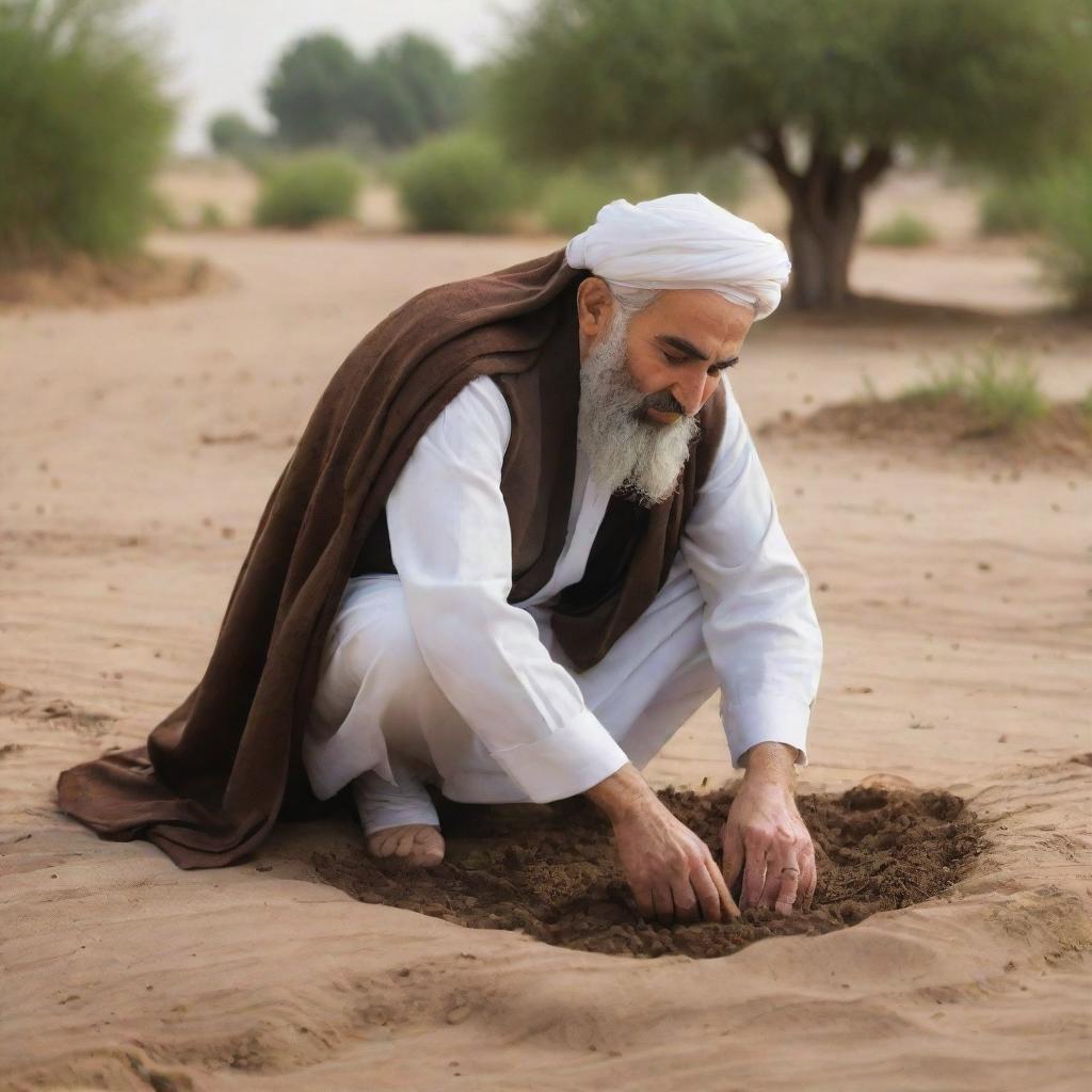 HD image of Imam Ali respectfully touching soil in a peaceful setting, showcasing a sense of profound spirituality.