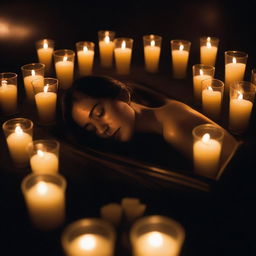 Create an image of a real woman, full body, sleeping peacefully enclosed in a glass coffin