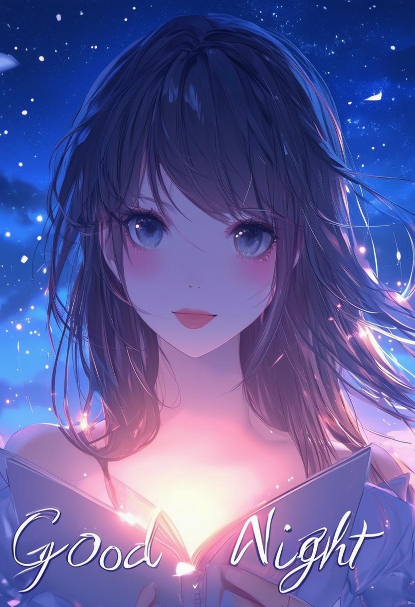 Create a HD book cover image titled 'Good Night' with a beautiful anime girl background.
