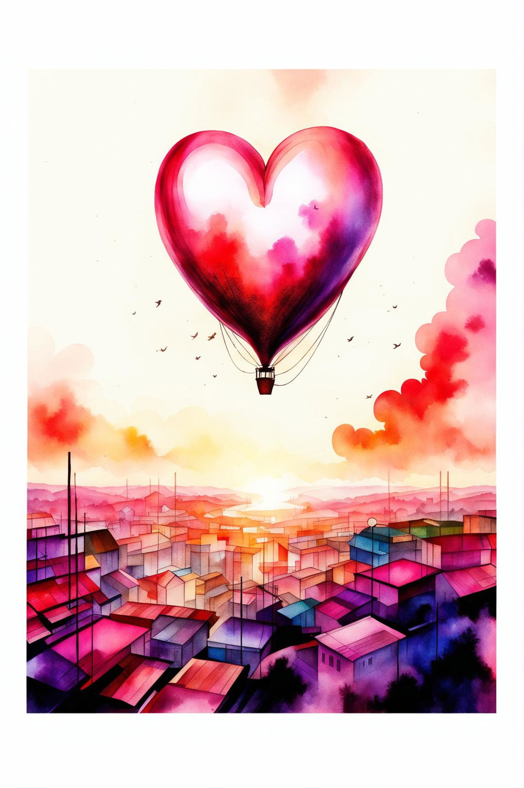 A watercolour painting of a scene featuring a vibrant, warm pink heart floating in the sky against a backdrop of a beautiful sunset, with a silhouette of a peaceful landscape below