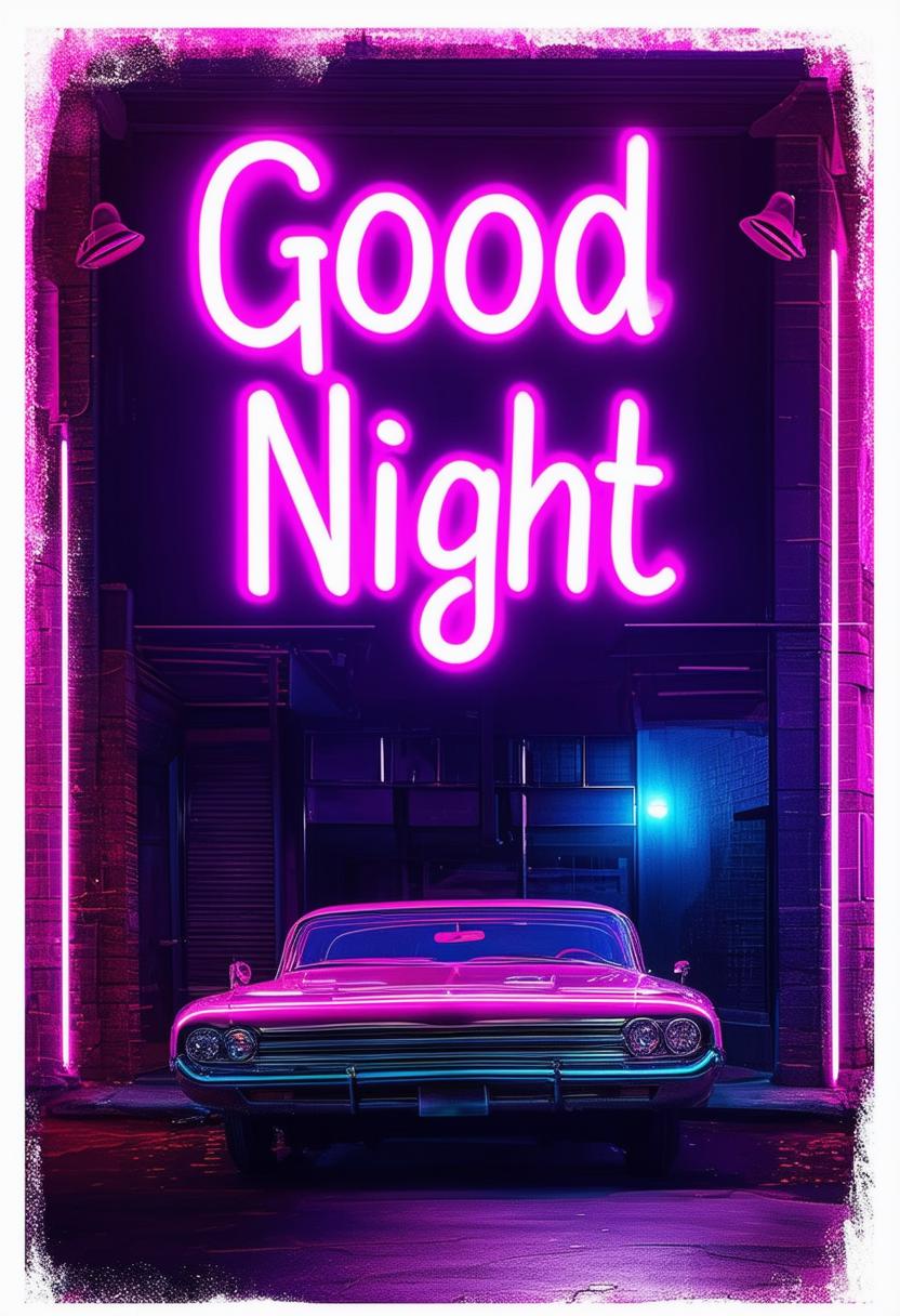 Create a HD book cover image titled 'Good Night' with a neon sign wall art.
