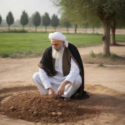 HD image of Imam Ali respectfully touching soil in a peaceful setting, showcasing a sense of profound spirituality.