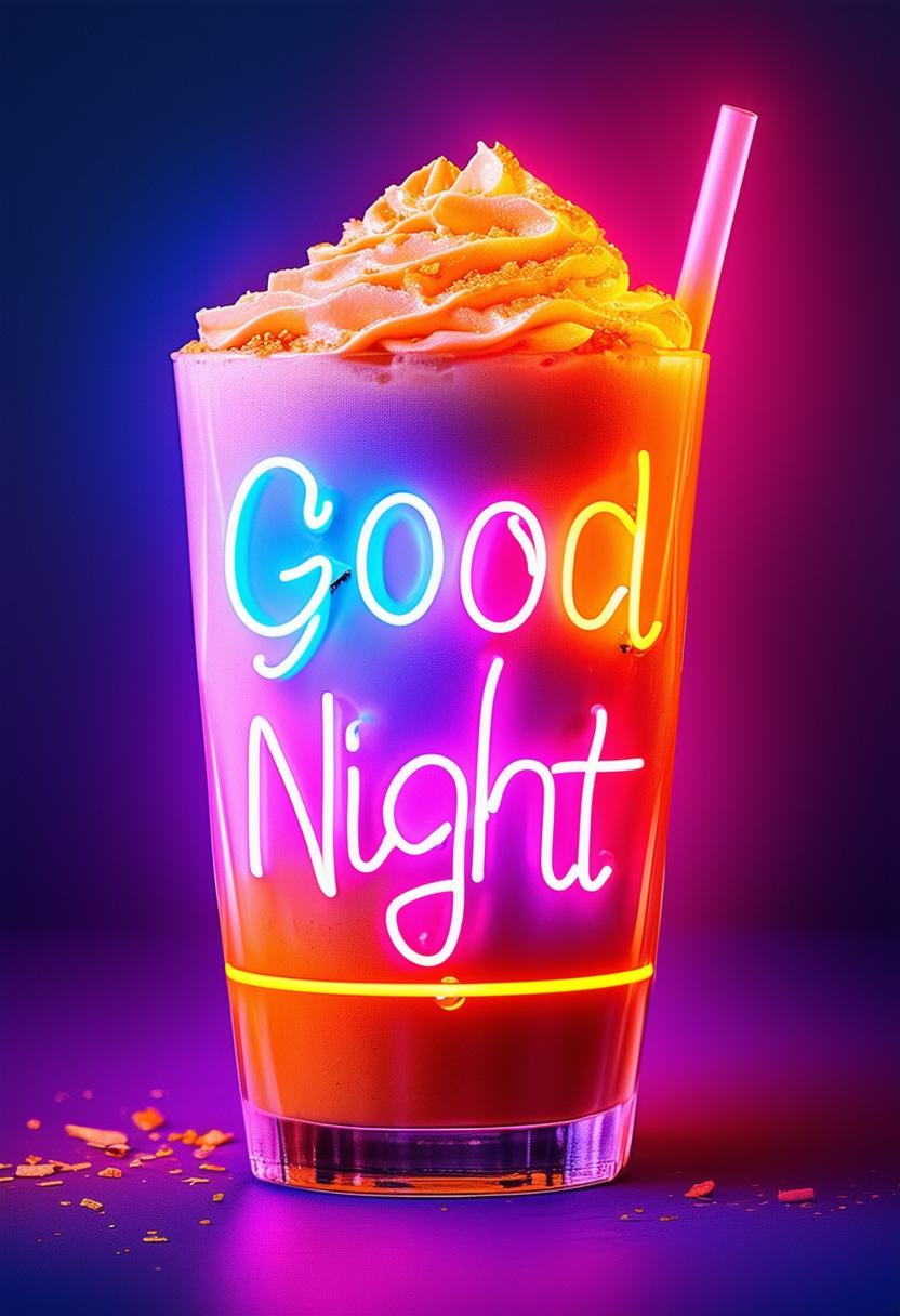 Create a HD book cover image titled 'Good Night' with a neon, orange milkshake bar.