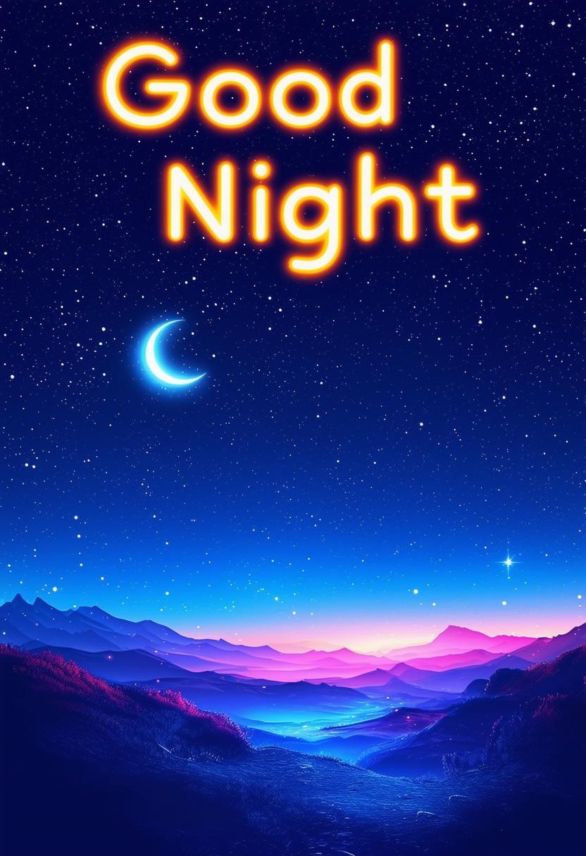 Create a HD book cover image titled 'Good Night' with a neon theme on a night sky background.