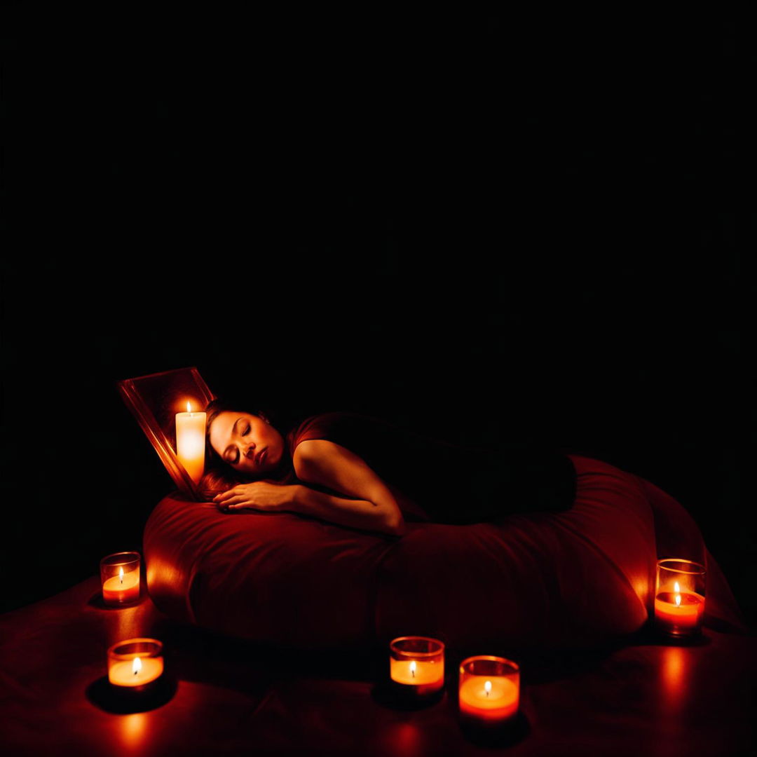 Create an image of a real woman sleeping peacefully in a glass coffin in a dark room lit by candles.