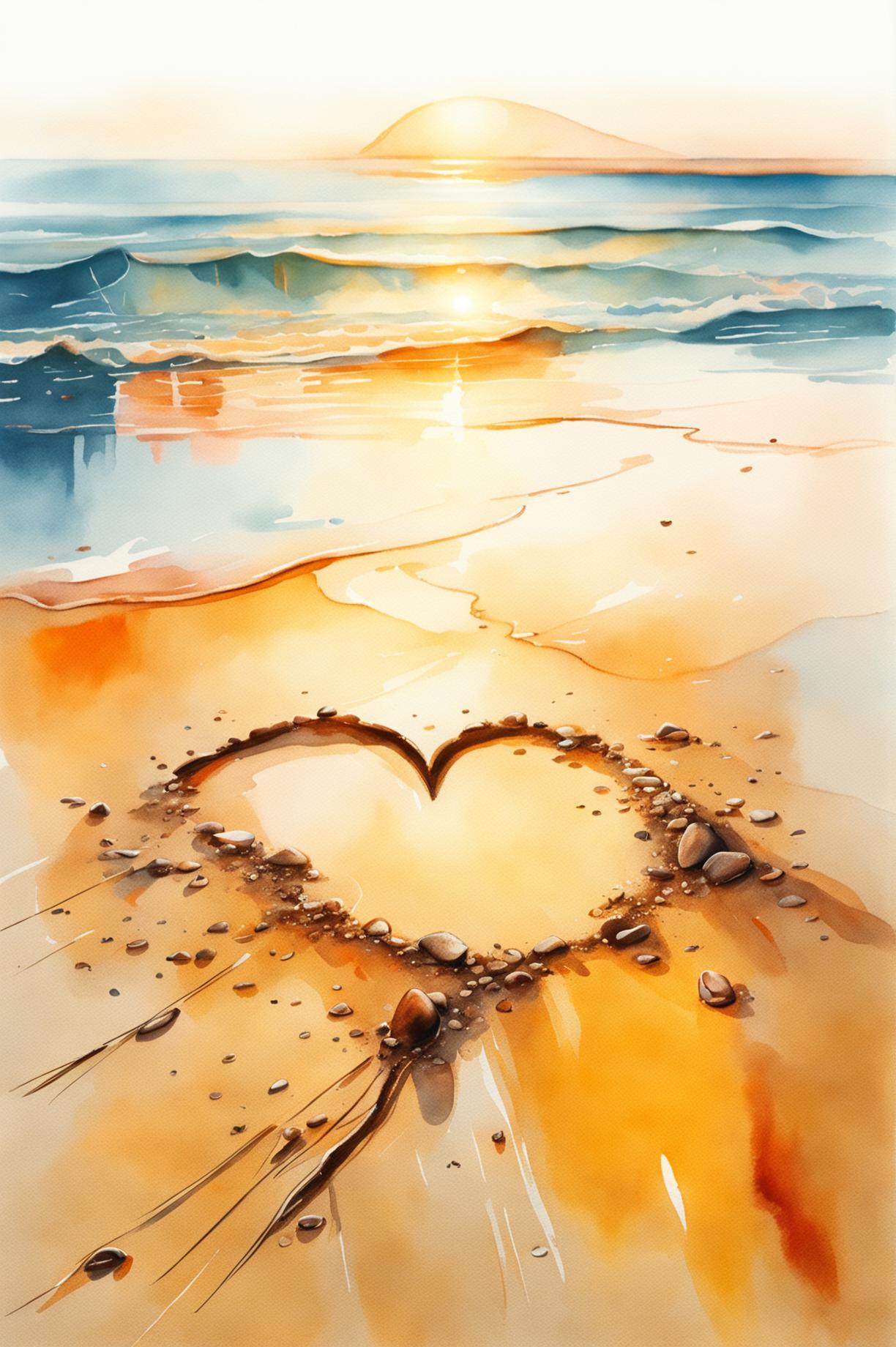 A watercolour painting of a heart-shaped print on a sandy beach, with waves gently lapping at its edges and a beautiful sunset in the distance