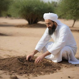 HD image of Imam Ali respectfully touching soil in a peaceful setting, showcasing a sense of profound spirituality.