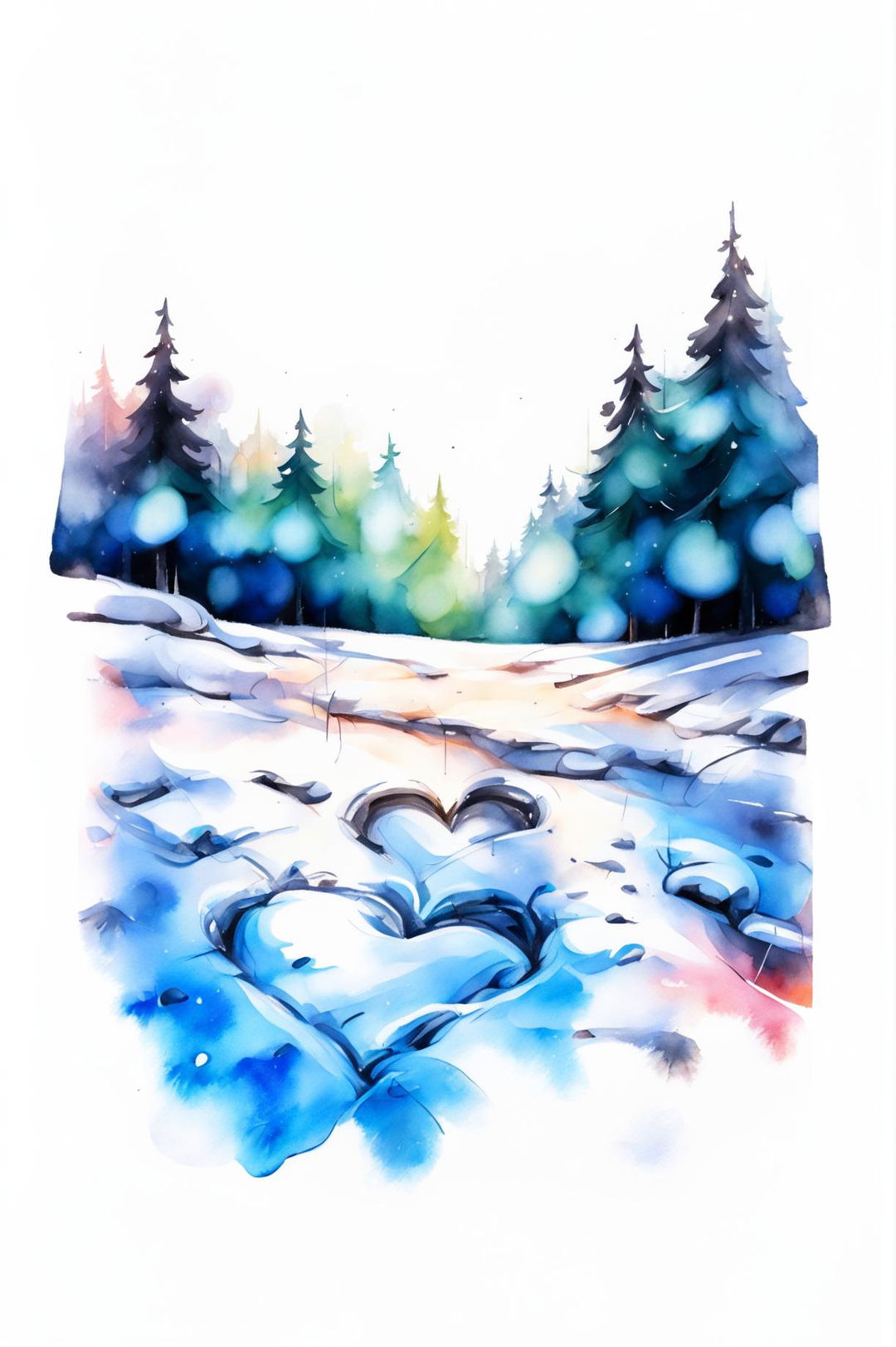 A watercolour painting of a heart-shaped print in a snowy landscape, with a forest of snow-laden pine trees in the background and a clear, icy blue sky