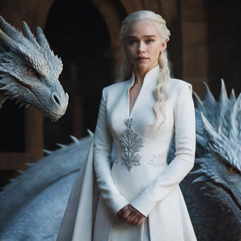 Daenerys Targaryen in elegant white attire, with a luminous, majestic dragon beside her