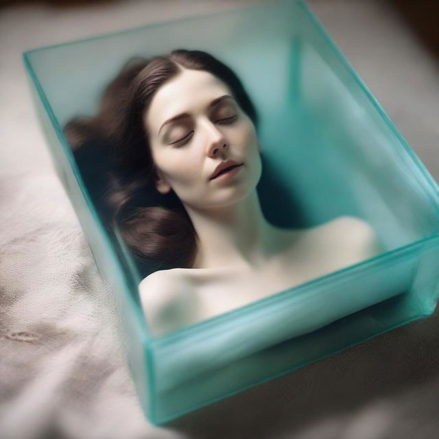 Generate an image of a woman peacefully sleeping in a glass coffin.