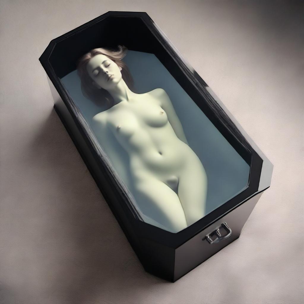 Generate an image of a woman enclosed in a glass coffin