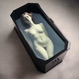 Generate an image of a woman enclosed in a glass coffin