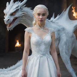 Daenerys Targaryen in elegant white attire, with a luminous, majestic dragon beside her