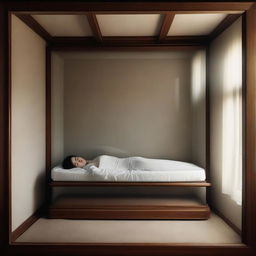 Generate an image of a woman enclosed in a glass coffin
