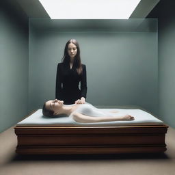 Generate an image of a woman enclosed in a glass coffin