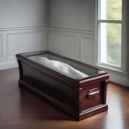 Generate an image of a woman enclosed in a glass coffin
