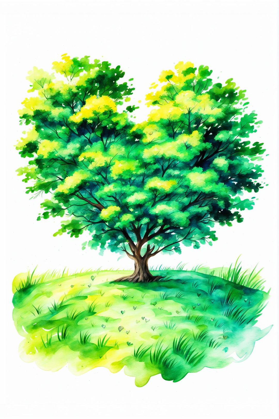 A watercolour painting of a heart-shaped tree in a lush meadow under a clear, bright blue sky.