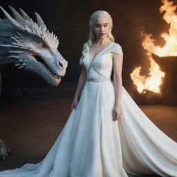 Daenerys Targaryen in elegant white attire, with a luminous, majestic dragon beside her