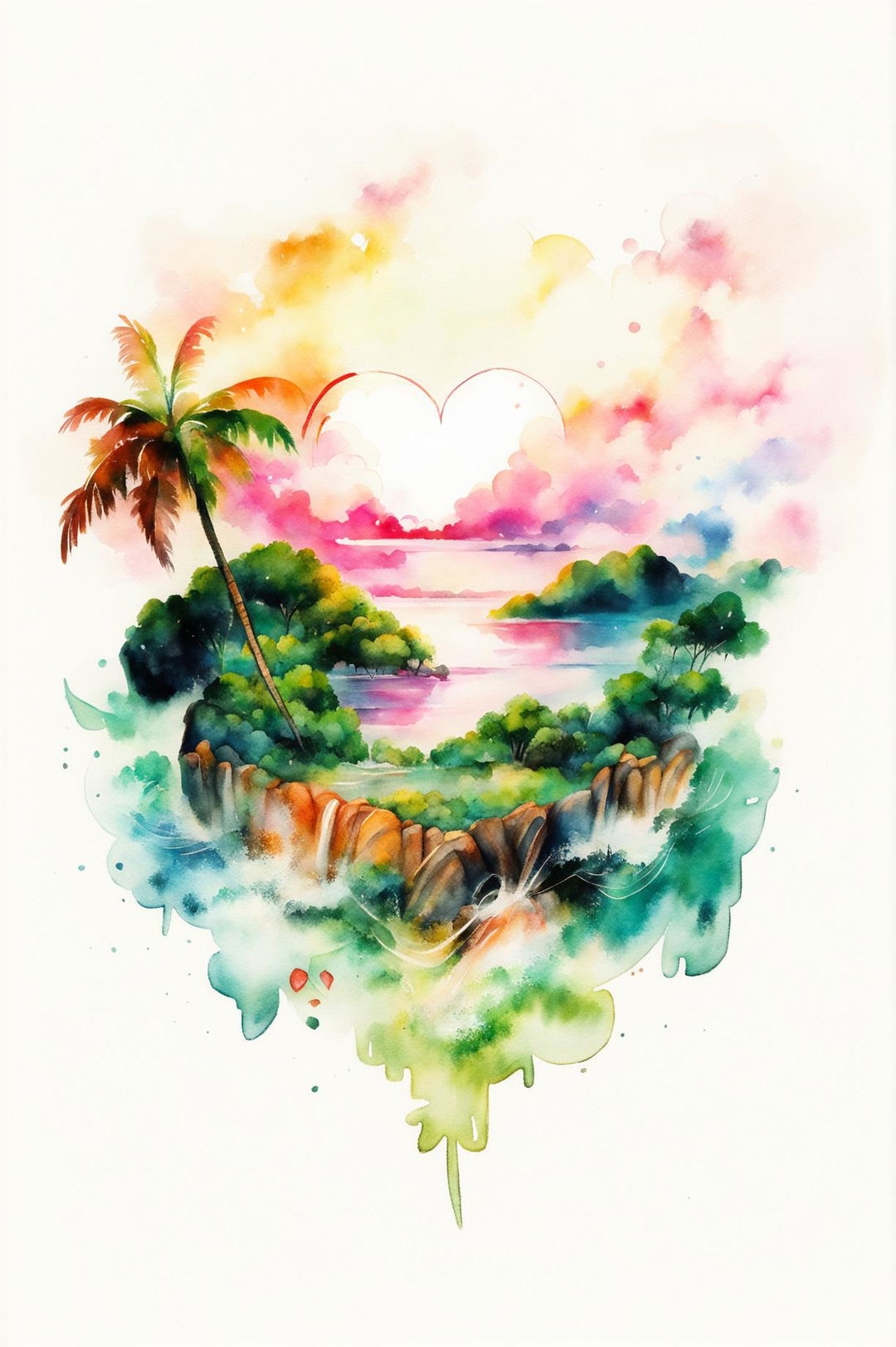 A watercolour painting of a heart-shaped island in a tranquil sea during sunset.