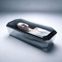 Generate an image of a woman enclosed in a glass coffin