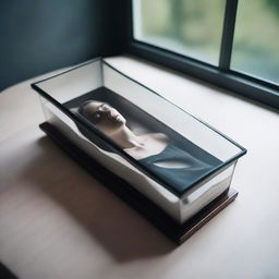 Generate an image of a woman enclosed in a glass coffin