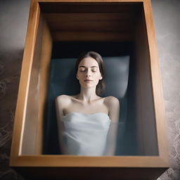 Generate an image of a woman enclosed in a glass coffin