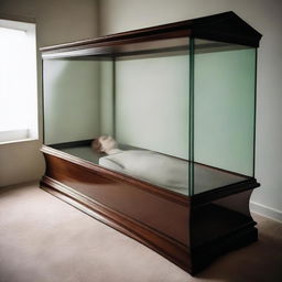 Generate an image of a woman enclosed in a glass coffin