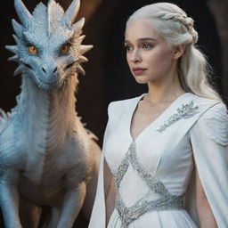 Daenerys Targaryen in elegant white attire, with a luminous, majestic dragon beside her