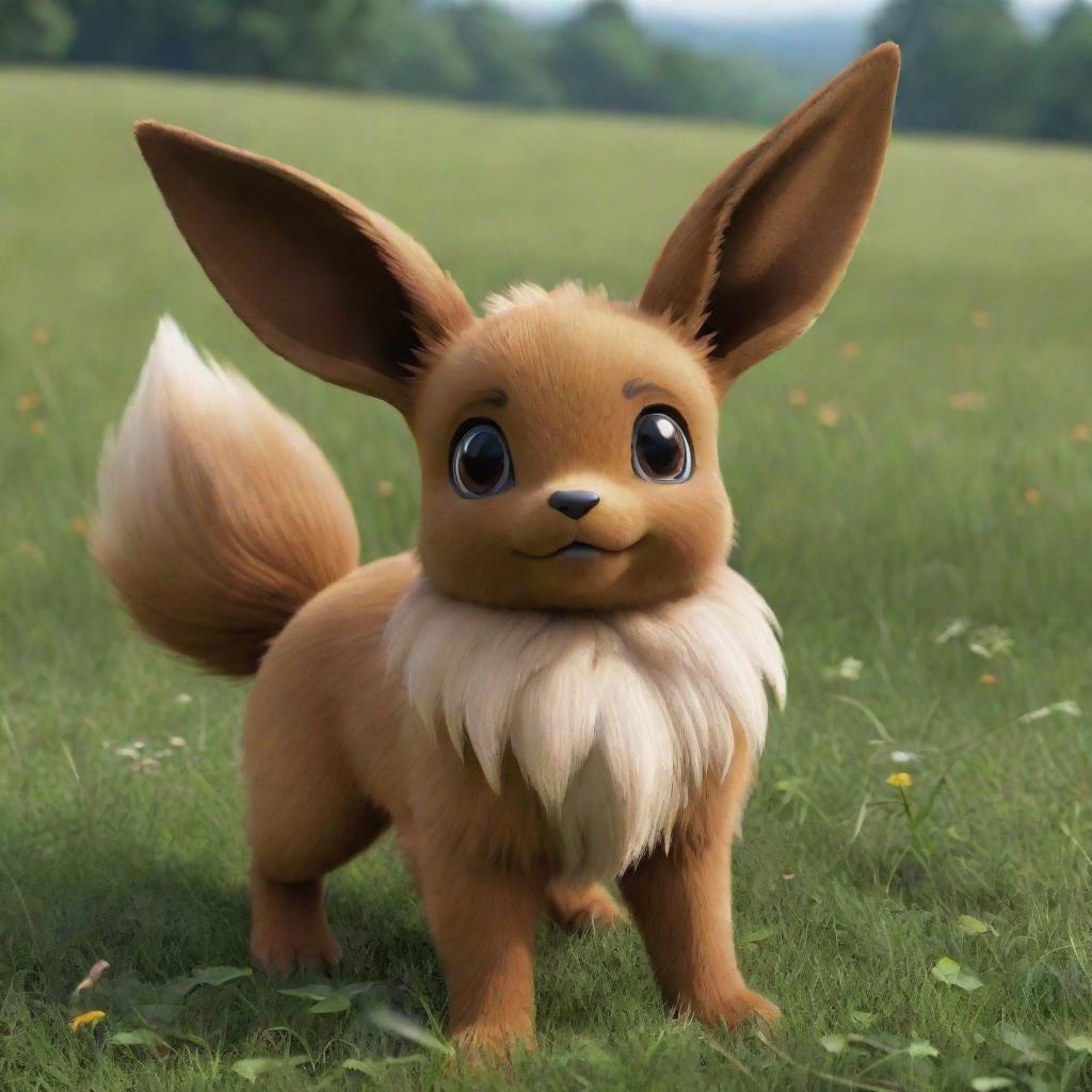 A realistic depiction of Eevee from Pokemon, standing playfully in a lush, green meadow