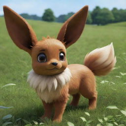 A realistic depiction of Eevee from Pokemon, standing playfully in a lush, green meadow