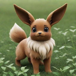 A realistic depiction of Eevee from Pokemon, standing playfully in a lush, green meadow