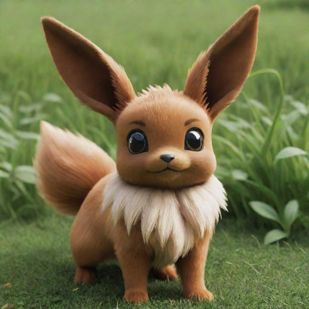 A realistic depiction of Eevee from Pokemon, standing playfully in a lush, green meadow