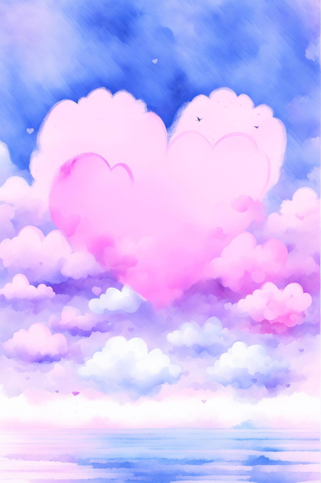 A pastel watercolour painting of a sky filled with heart-shaped clouds over a tranquil landscape.