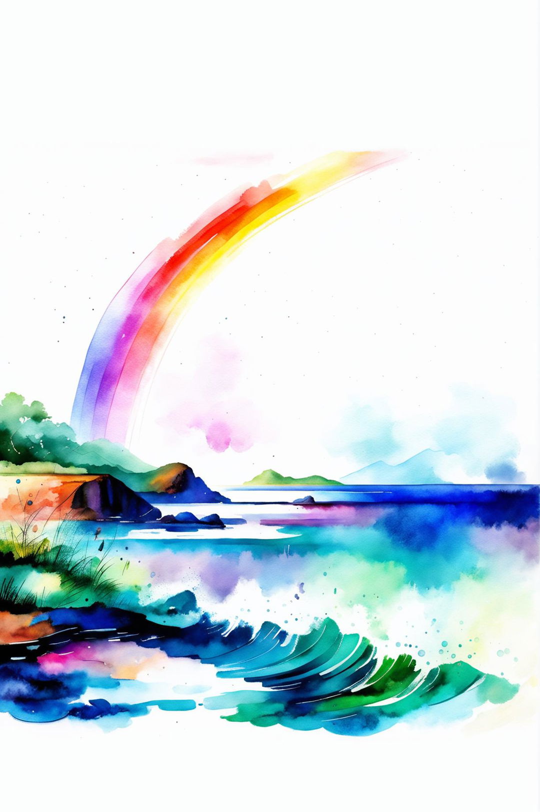 A different watercolour painting of a rainbow scene, this time with a coastal view