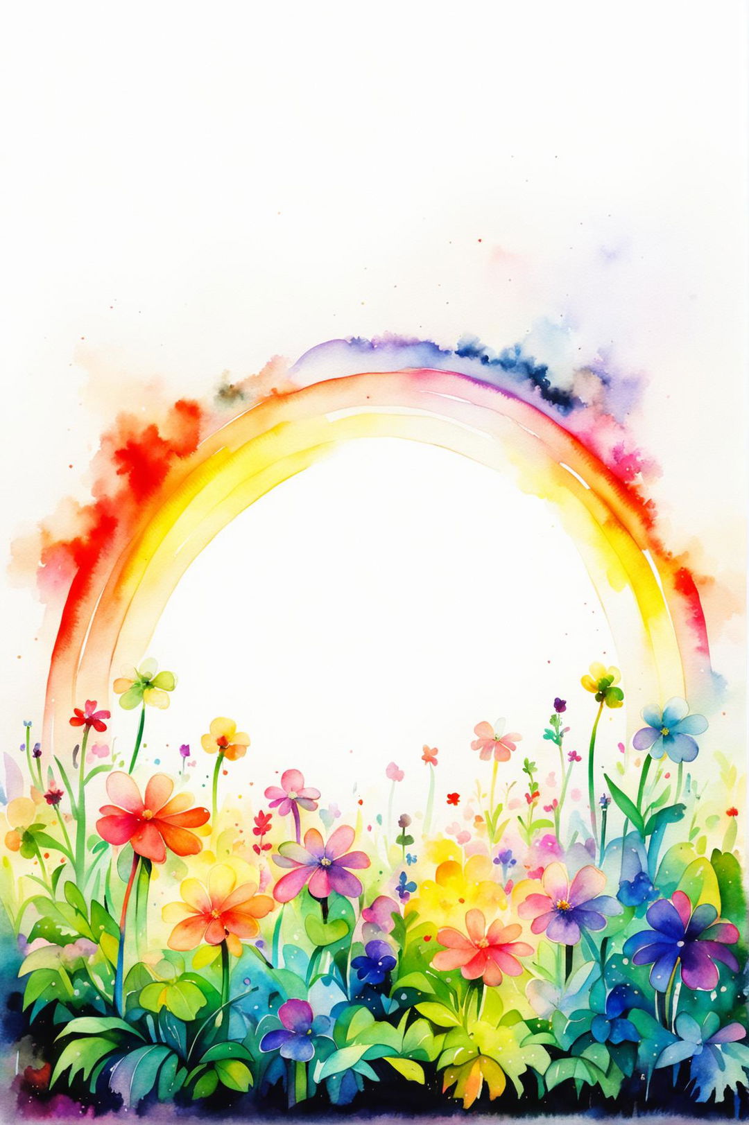 A different watercolour painting of a rainbow scene, this time over an open field with wildflowers