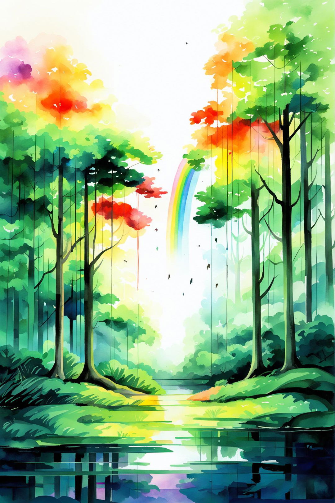 A different watercolour painting of a rainbow scene, this time set in a forest clearing