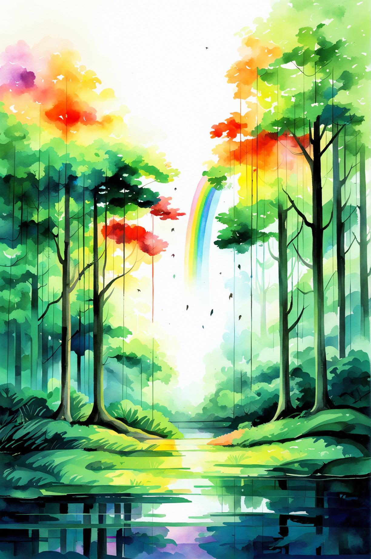 A different watercolour painting of a rainbow scene, this time set in a forest clearing