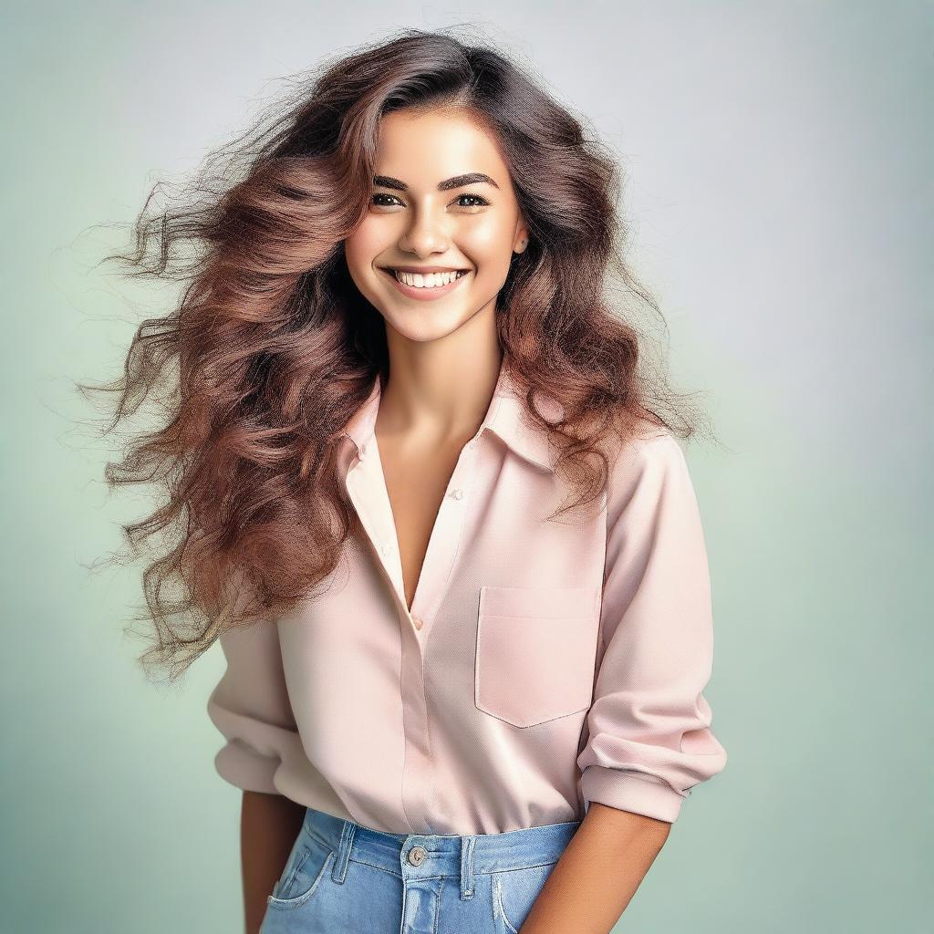 A portrait of a girl with a confident smile and voluminous hair