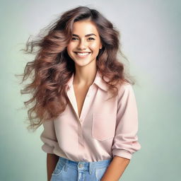 A portrait of a girl with a confident smile and voluminous hair