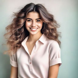 A portrait of a girl with a confident smile and voluminous hair