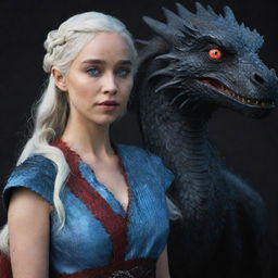 Daenerys Targaryen dressed in traditional Targaryen attire, with a black dragon featuring red and blue iridescent eyes by her side