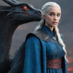 Daenerys Targaryen dressed in traditional Targaryen attire, with a black dragon featuring red and blue iridescent eyes by her side