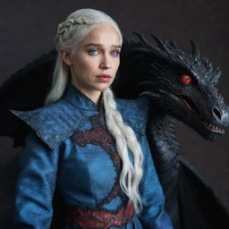 Daenerys Targaryen dressed in traditional Targaryen attire, with a black dragon featuring red and blue iridescent eyes by her side