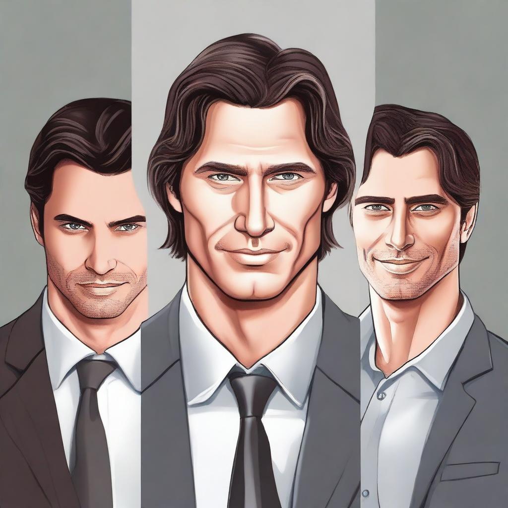 Create a detailed digital art illustration of a handsome businessman with dark brown hair and grey eyes