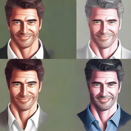 Create a detailed digital art illustration of a handsome businessman with dark brown hair and grey eyes