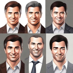 Create a detailed digital art illustration of a handsome businessman with dark brown hair and grey eyes