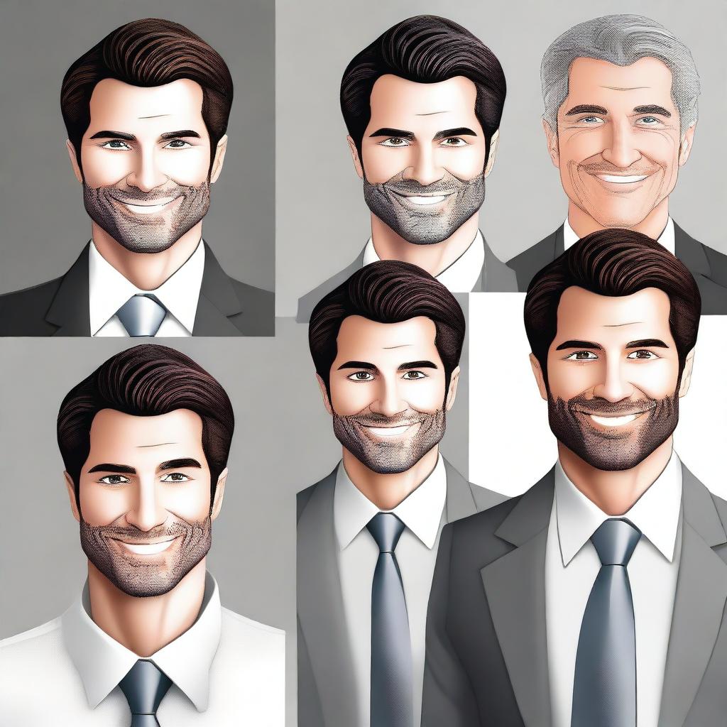 Create a detailed digital art illustration of a handsome businessman with dark brown hair and grey eyes