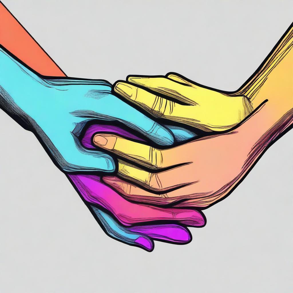 Create a digital art illustration of three hands stacked on top of each other, each hand having a different shade of color